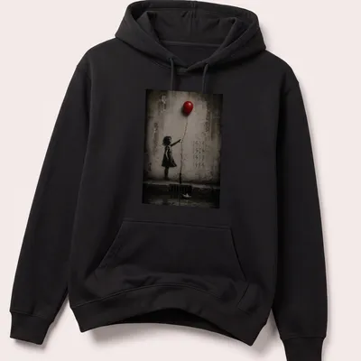 Illustration of a girl reaching for a red balloon with text 1804 1929 1937 1984 — printed on a unisex hoodie