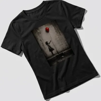 Illustration of a girl reaching for a red balloon with text 1804 1929 1937 1984 — printed on a women's shirt