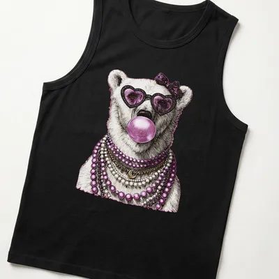 Stylish polar bear wearing sunglasses surrounded by bubblegum elements — printed on a tank top