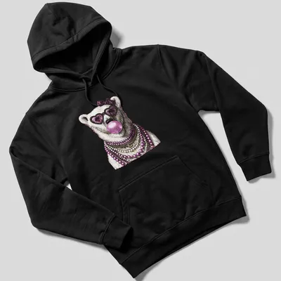 Stylish polar bear wearing sunglasses surrounded by bubblegum elements — printed on a unisex hoodie