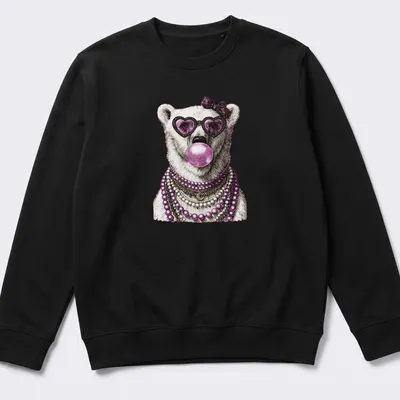Stylish polar bear wearing sunglasses surrounded by bubblegum elements — printed on a unisex sweatshirt