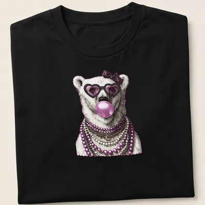 Stylish polar bear wearing sunglasses surrounded by bubblegum elements