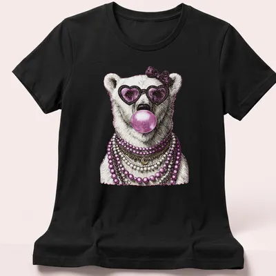 Stylish polar bear wearing sunglasses surrounded by bubblegum elements — printed on a women's shirt