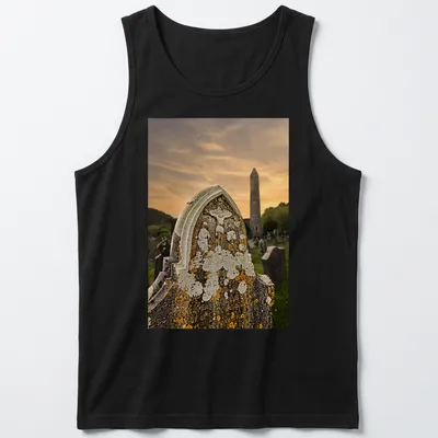 Photographic print of Glendalough Monastery graveyard with 'INRI' text — printed on a tank top