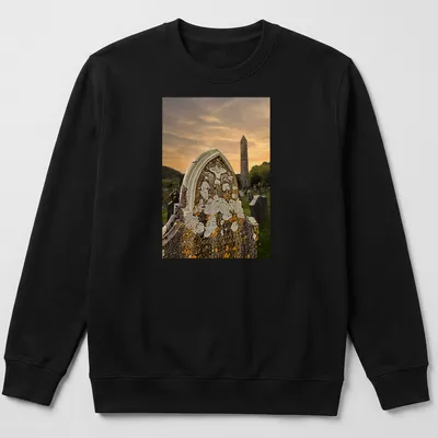 Photographic print of Glendalough Monastery graveyard with 'INRI' text — printed on a unisex sweatshirt