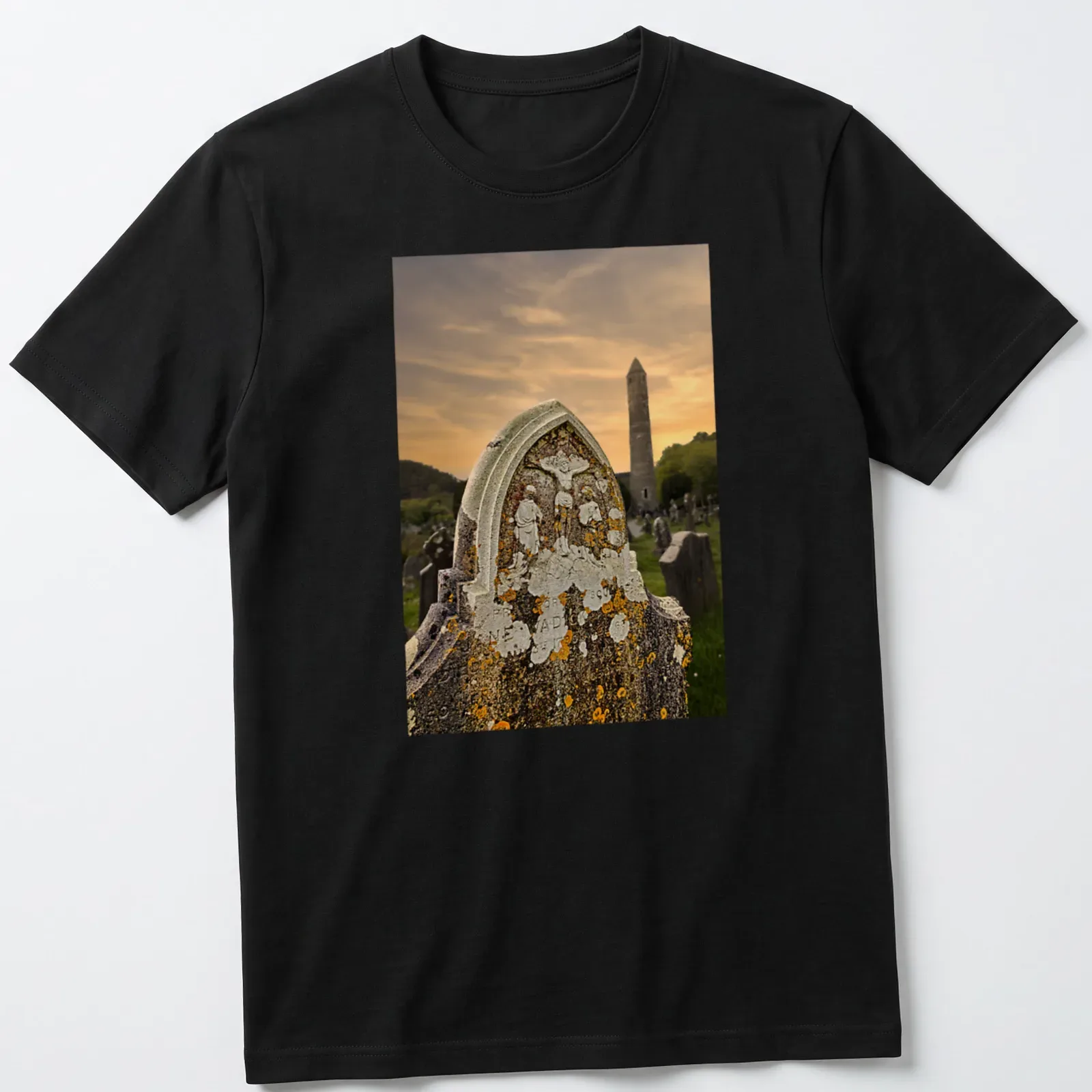 Photographic print of Glendalough Monastery graveyard with 'INRI' text — printed on a unisex t-shirt