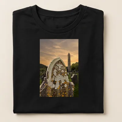 Photographic print of Glendalough Monastery graveyard with 'INRI' text — printed on a women's shirt