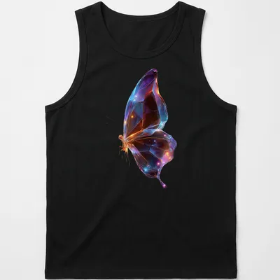 Geometric butterfly design in glowing colors against a black background — printed on a tank top