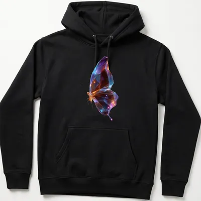 Geometric butterfly design in glowing colors against a black background — printed on a unisex hoodie