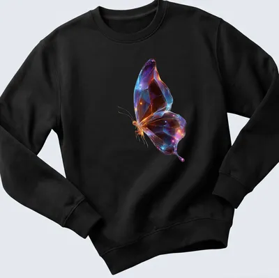 Geometric butterfly design in glowing colors against a black background — printed on a unisex sweatshirt
