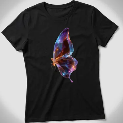 Geometric butterfly design in glowing colors against a black background — printed on a women's shirt