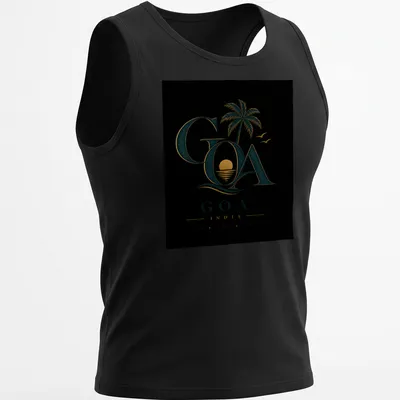 Vintage design featuring a palm tree and sunset with the text Goa India Sun Sea Soul — printed on a tank top