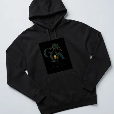 Vintage design featuring a palm tree and sunset with the text Goa India Sun Sea Soul — printed on a unisex hoodie