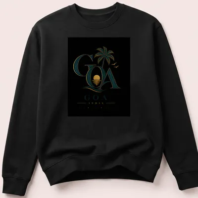 Vintage design featuring a palm tree and sunset with the text Goa India Sun Sea Soul — printed on a unisex sweatshirt