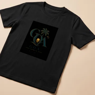 Vintage design featuring a palm tree and sunset with the text Goa India Sun Sea Soul