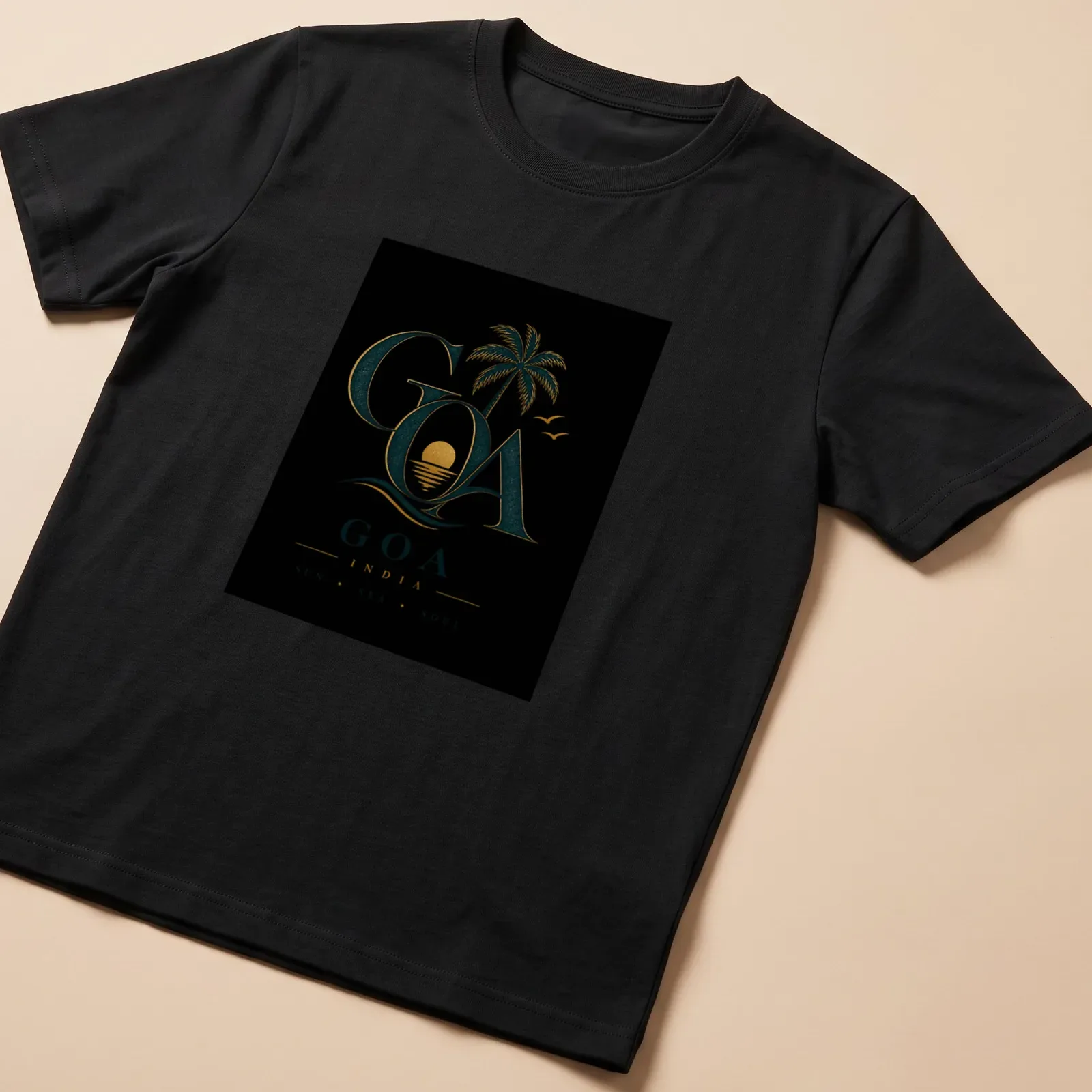 Vintage design featuring a palm tree and sunset with the text Goa India Sun Sea Soul — printed on a unisex t-shirt