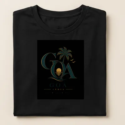 Vintage design featuring a palm tree and sunset with the text Goa India Sun Sea Soul — printed on a women's shirt