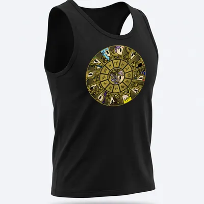 Cartoon design of Gold Saints in a zodiac wheel with vibrant colors — printed on a tank top