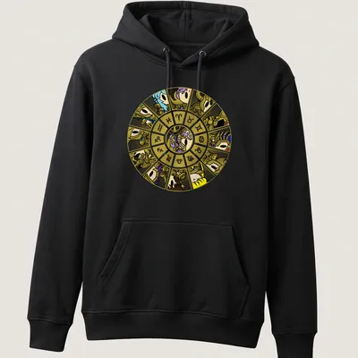 Cartoon design of Gold Saints in a zodiac wheel with vibrant colors — printed on a unisex hoodie
