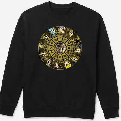 Cartoon design of Gold Saints in a zodiac wheel with vibrant colors — printed on a unisex sweatshirt