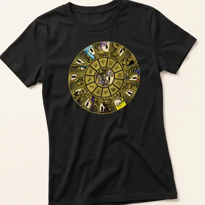 Cartoon design of Gold Saints in a zodiac wheel with vibrant colors — printed on a women's shirt