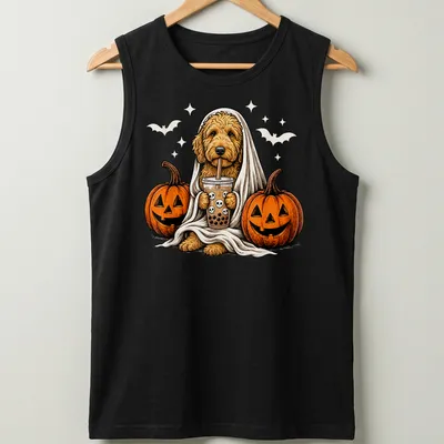 Cartoon Goldendoodle in a ghost costume with a boba drink in Halloween colors — printed on a tank top