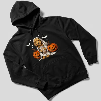 Cartoon Goldendoodle in a ghost costume with a boba drink in Halloween colors — printed on a unisex hoodie