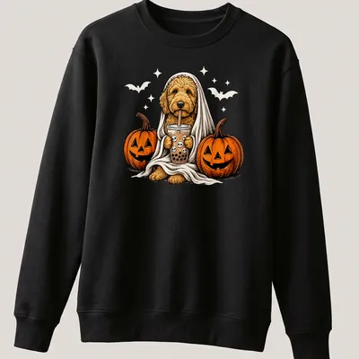 Cartoon Goldendoodle in a ghost costume with a boba drink in Halloween colors — printed on a unisex sweatshirt