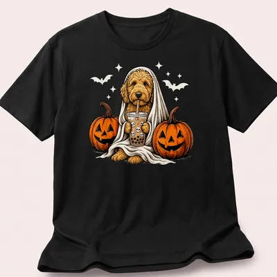 Cartoon Goldendoodle in a ghost costume with a boba drink in Halloween colors