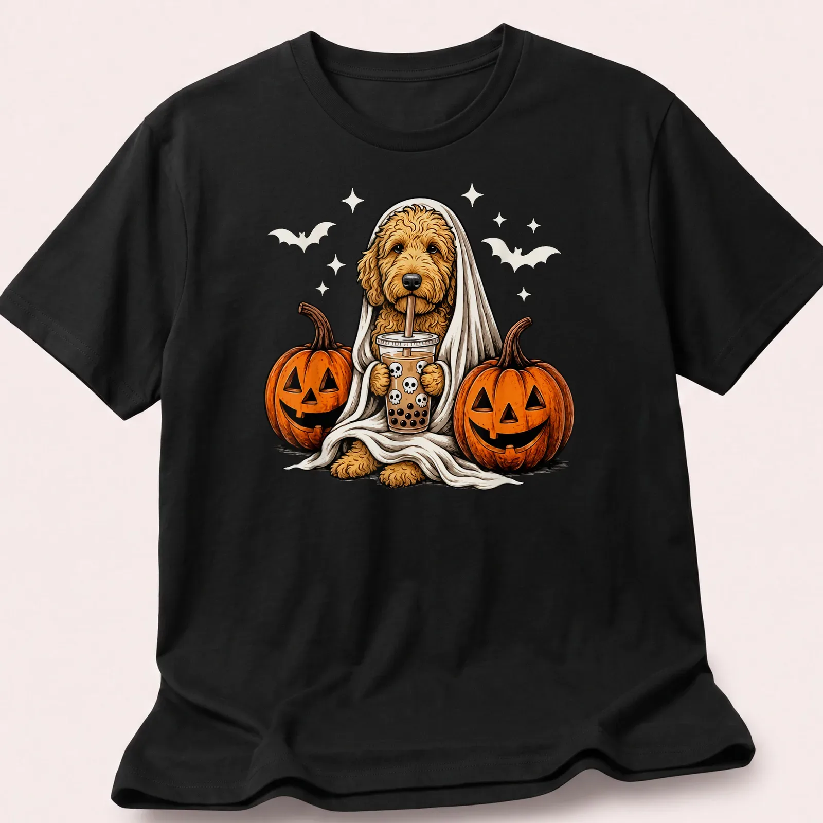 Cartoon Goldendoodle in a ghost costume with a boba drink in Halloween colors — printed on a unisex t-shirt