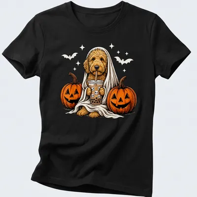 Cartoon Goldendoodle in a ghost costume with a boba drink in Halloween colors — printed on a women's shirt