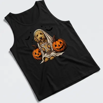 Vintage illustration of a Goldendoodle ghost with a boba drink for Halloween — printed on a tank top