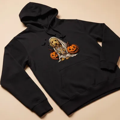 Vintage illustration of a Goldendoodle ghost with a boba drink for Halloween — printed on a unisex hoodie