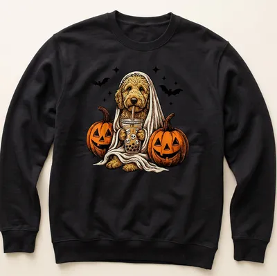 Vintage illustration of a Goldendoodle ghost with a boba drink for Halloween — printed on a unisex sweatshirt