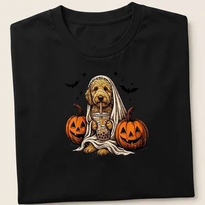 Vintage illustration of a Goldendoodle ghost with a boba drink for Halloween