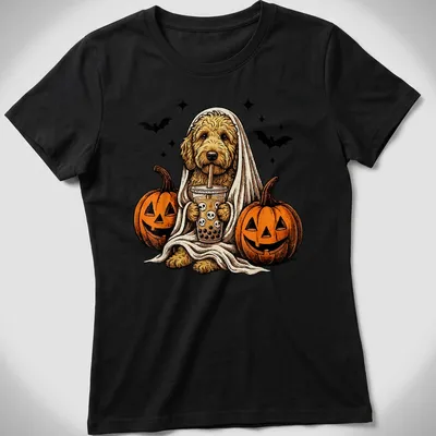 Vintage illustration of a Goldendoodle ghost with a boba drink for Halloween — printed on a women's shirt