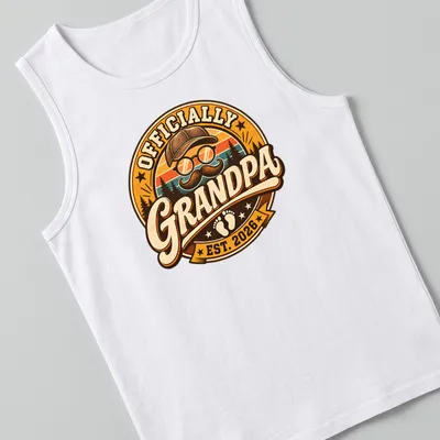 Retro vintage Grandpa Est 2026 t-shirt with playful illustration of a grandpa — printed on a tank top