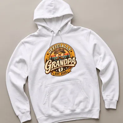 Retro vintage Grandpa Est 2026 t-shirt with playful illustration of a grandpa — printed on a unisex hoodie