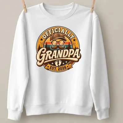 Retro vintage Grandpa Est 2026 t-shirt with playful illustration of a grandpa — printed on a unisex sweatshirt