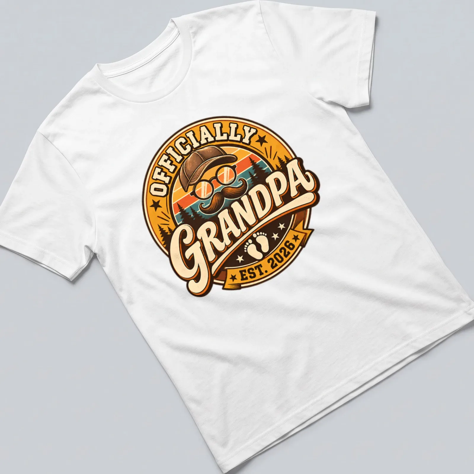 Retro vintage Grandpa Est 2026 t-shirt with playful illustration of a grandpa — printed on a unisex t-shirt