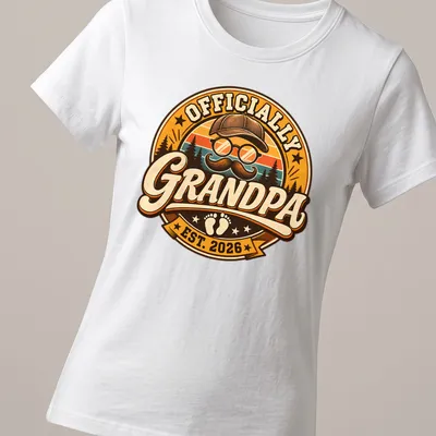Retro vintage Grandpa Est 2026 t-shirt with playful illustration of a grandpa — printed on a women's shirt