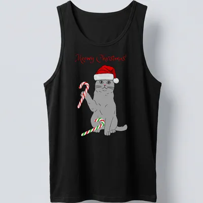 Cartoon gray cat with candy canes and text 'Meowy Christmas!' in red and green — printed on a tank top