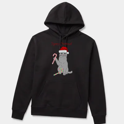 Cartoon gray cat with candy canes and text 'Meowy Christmas!' in red and green — printed on a unisex hoodie