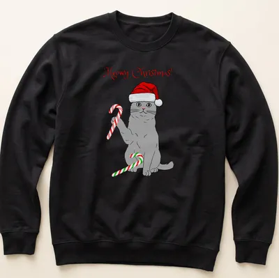 Cartoon gray cat with candy canes and text 'Meowy Christmas!' in red and green — printed on a unisex sweatshirt