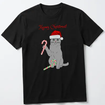 Cartoon gray cat with candy canes and text 'Meowy Christmas!' in red and green
