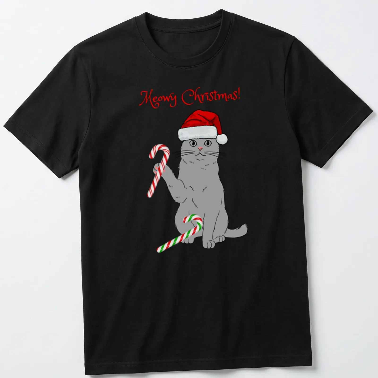 Cartoon gray cat with candy canes and text 'Meowy Christmas!' in red and green — printed on a unisex t-shirt