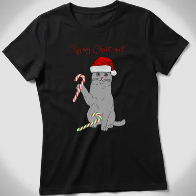 Cartoon gray cat with candy canes and text 'Meowy Christmas!' in red and green — printed on a women's shirt