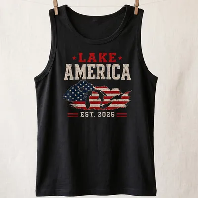Vintage distressed Lake America T-shirt with patriotic text — printed on a tank top