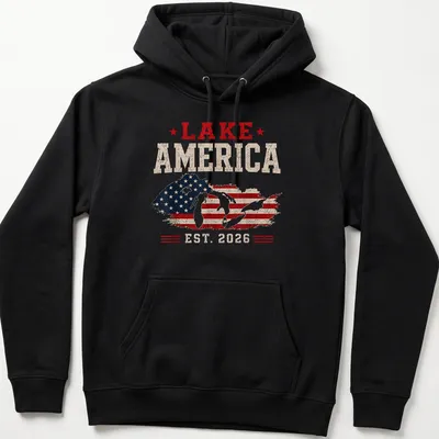 Vintage distressed Lake America T-shirt with patriotic text — printed on a unisex hoodie