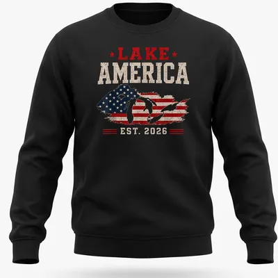 Vintage distressed Lake America T-shirt with patriotic text — printed on a unisex sweatshirt
